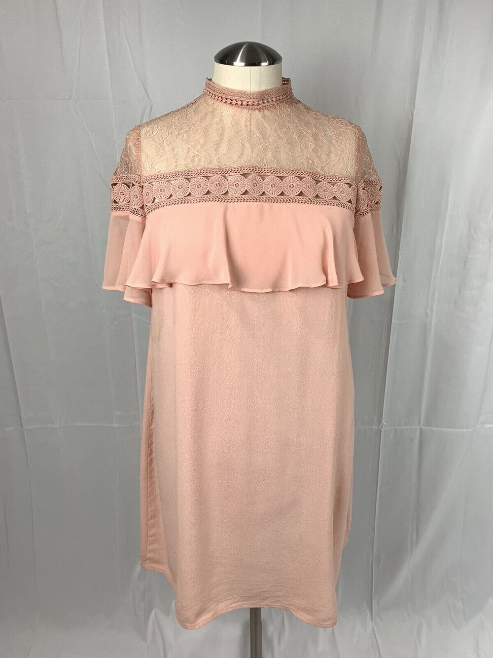 Express Women's Midi Lace Ruffle Knee Length Short Sleeve Dress Pink Size XS